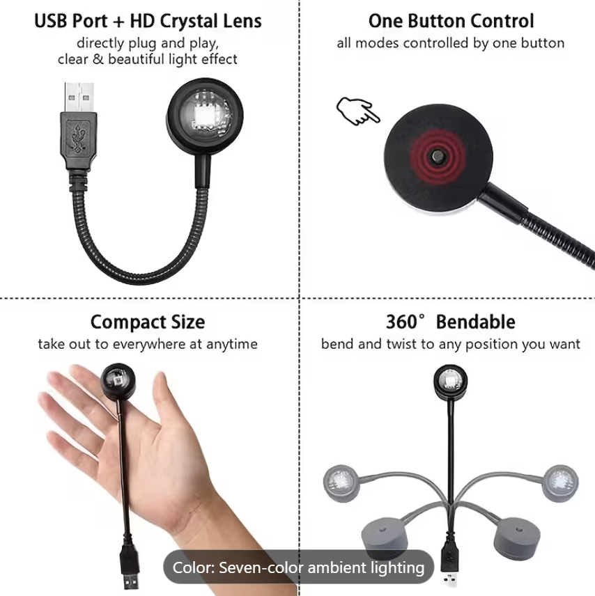 LED Sunset Lamp with Adjustable Seven Colors, USB Plug-And-Play